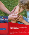 Family Ready All In One 2 Person Emergency Survival Kit For Hurricanes And Earthquakes With A 72 Hour Gear Backpack Disaster First Aid Supplies And More For Preparedness, featuring a red Lifeline first aid kit in use, applying bandage on child's arm.