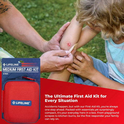 Family Ready All In One 2 Person Emergency Survival Kit For Hurricanes And Earthquakes With A 72 Hour Gear Backpack Disaster First Aid Supplies And More For Preparedness, featuring a red Lifeline first aid kit in use, applying bandage on child's arm.