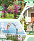 Garden Arbor With Gate Metal Arch Trellis For Climbing Plants And Vines 84 Inch High 54 Inch Wide shown in garden, outdoor, wedding setups.