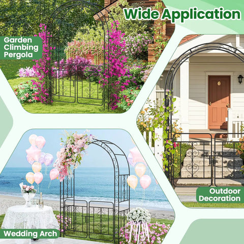 Garden Arbor With Gate Metal Arch Trellis For Climbing Plants And Vines 84 Inch High 54 Inch Wide shown in garden, outdoor, wedding setups.