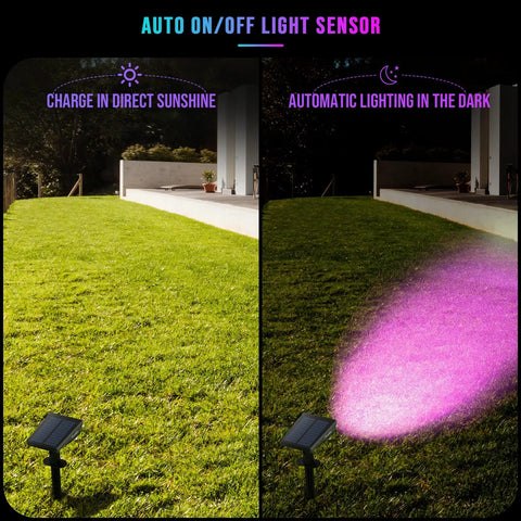 Solar Color Spotlight Lights Outdoor 35 LEDs Multicolor IP67 Waterproof 4 Pack with auto cycling color mode on lawn day and night