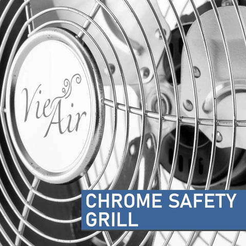 Close-up of chrome safety grill on Beefy High Velocity Dual Speed Metal Drum Fan With Sleek Design And Quiet Operation