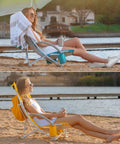 High Back Beach Chair With Umbrella And Cooler Cup Holder in use by woman at beach, showcasing comfort and portability.