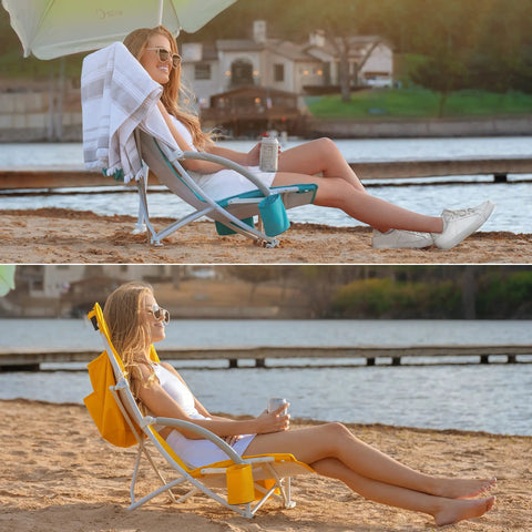 High Back Beach Chair With Umbrella And Cooler Cup Holder in use by woman at beach, showcasing comfort and portability.