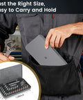 Person placing 24 In 1 Magnetic Ratchet Screwdriver Set With Precision Bits into work apron pocket