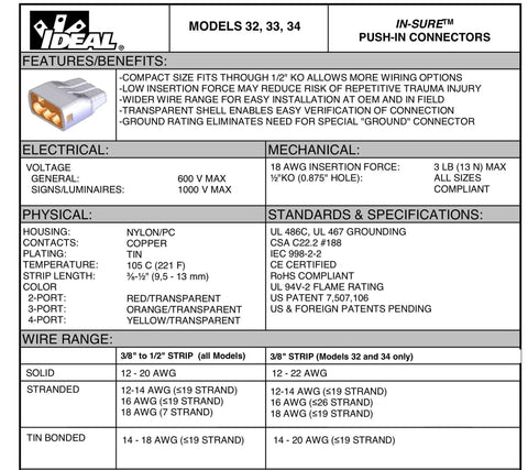 Specifications chart for In-Sure push-in connectors showing features, benefits, electrical, mechanical, physical details, and wire range.