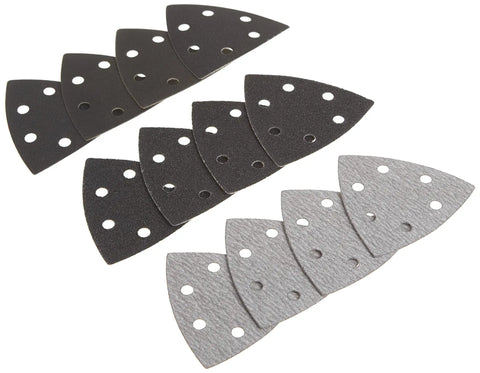 Sandpaper Assortment Kit With Hook And Loop Triangle Pads 12 Pack Universal Fit For All Brands shown in two colors on white background