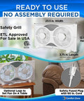 Window Fan For Bedroom 9 Inch Dual Fans With Auto Lock Expanders Crank Up The Breeze 3 Speed Controls And Modes Cool Circulate Exhaust Remote Control Fabric Cover And Bug Screen White displayed on table with dimensions.