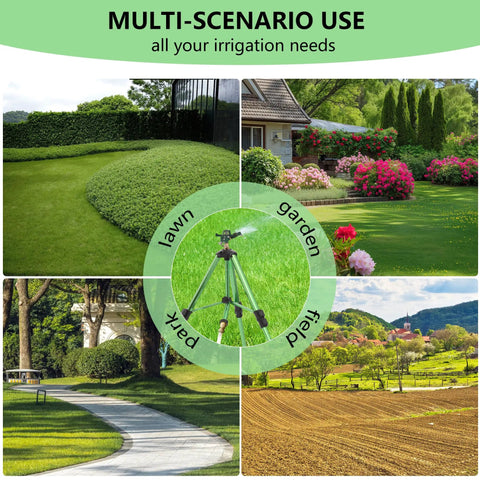 Green Zinc Alloy Water Bird Sprinkler With Heavy Duty Tripod Base For 360 Degree Coverage, used in various garden settings