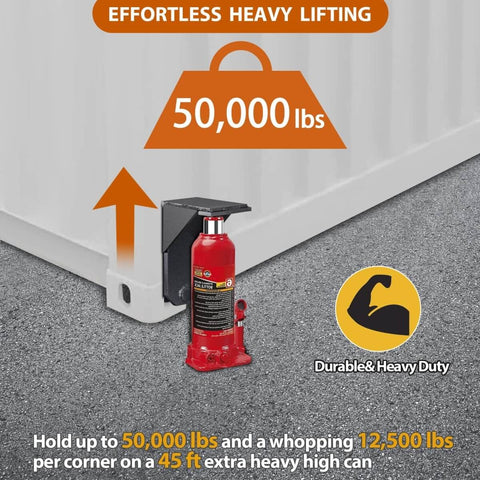 Heavy Duty Shipping Container Jack Lug Leveler 2 Pack in use lifting 50,000 lbs container corner on concrete surface