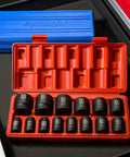 1/2 Inch Drive Metric Shallow Impact Socket Set With Cr-V Steel, 6 Point, 14 Piece, 11-32mm Sockets, storage case open