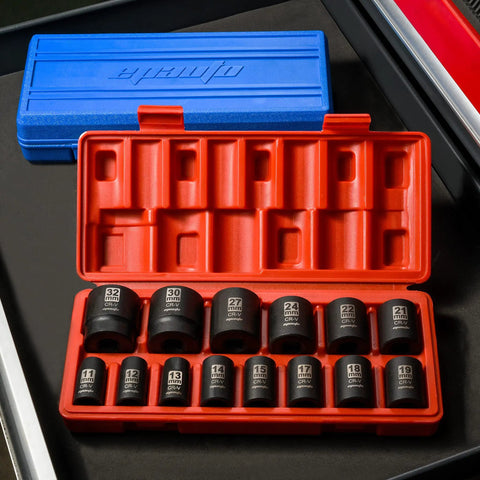 1/2 Inch Drive Metric Shallow Impact Socket Set With Cr-V Steel, 6 Point, 14 Piece, 11-32mm Sockets, storage case open