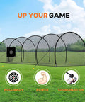 40 Foot Batting Cage For Baseball And Softball With Sock Pocket Freestanding Frame Heavy Duty Net set up outdoors on grass.