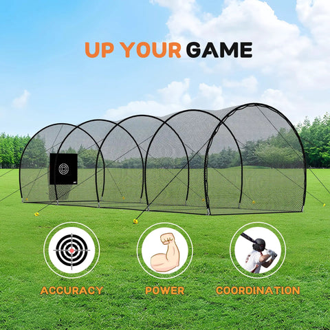 40 Foot Batting Cage For Baseball And Softball With Sock Pocket Freestanding Frame Heavy Duty Net set up outdoors on grass.