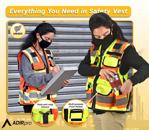 Straight Up Durable High Visibility Class Two Safety Vest With Blazing Reflective Tape And Secure Zippered Pockets For Construction Crews And Surveyors In Fluorescent Yellow For Heavy Duty Job Site Work, worn by workers showing multi-purpose pockets.