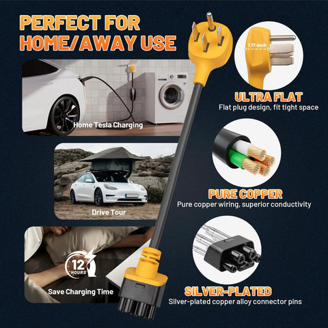 Upgrade Your Sweet Electric Ride With This Heavy Duty Nema 14 50 Adapter For Tesla Gen 2 And 3 Mobile Charger 32 Amp 250 Volt with flat plug design.
