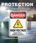 Heavy Duty High Voltage Danger Sign 7X10 Reflective Aluminum Plate 2 Pack Rust Resistant Electrical Warning Labels Industrial Grade Built Tough As Nails Zero Hassle Setup with a warning symbol.