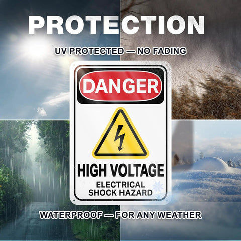 Heavy Duty High Voltage Danger Sign 7X10 Reflective Aluminum Plate 2 Pack Rust Resistant Electrical Warning Labels Industrial Grade Built Tough As Nails Zero Hassle Setup with a warning symbol.
