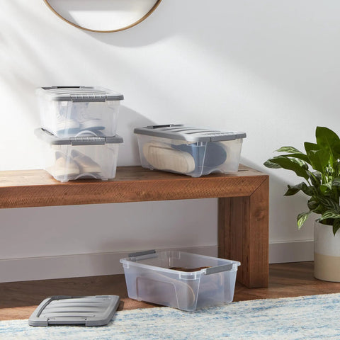 Heavy Duty Plastic Storage Containers With Secure Latching Lids Stackable Organization Bins Clear Grey Totes 12 Quart Gear Haulers Set Of 6 To Stack Em Up And Keep Your Spot Hella Organized During Move Days