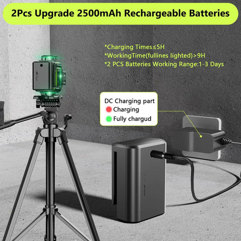 Ultra Bright 16 Line 360 Self Leveling Laser Level with 4D Green Cross Lines on tripod with charging batteries