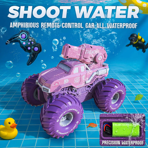 Amphibious 3-In-1 RC Stunt Car For Kids, 4WD Offroad That Transforms To Water Boat With Built-In Water Gun, waterproof remote, pink
