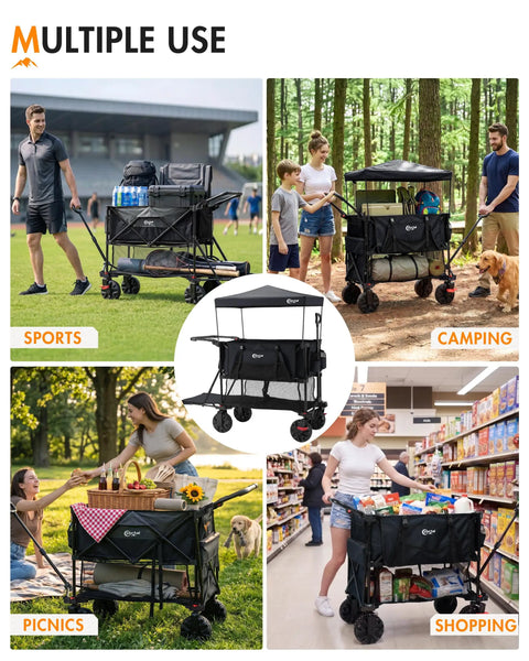 Double Deck Folding Wagon With Canopy And 400L All Terrain Large Capacity Heavy Duty Cart 450 Pound Load Brakes 54 Inch in use