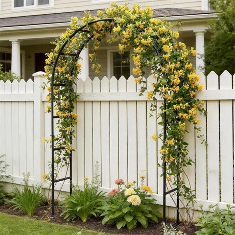 Heavy Duty Rustproof Garden Arch Metal Trellis for Climbing Plants set in garden with yellow flowers against a white fence.