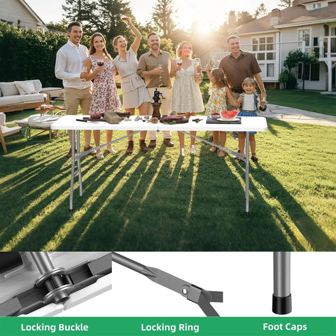 Six Foot Folding Table For Indoor And Outdoor Use Your Go To Portable Plastic Dining Table With Carrying Handle For Picnic Party Camping White Durable One Point Six Inch Thick HDPE Top Waterproof Scratch Resistant Fold In Half For Easy Storage And at outdoor gathering with people