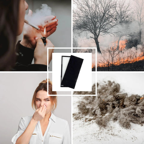 Collage of a 3-In-1 HEPA Pre Filter Replacement for T100 and T300 against smoke, fire, odor, and dust backgrounds.