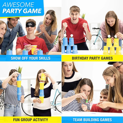 Collage showing group playing Ultra Fun Competitive Challenge Game With 120 Quick Dares And Cup Stack Challenges