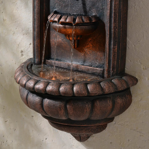 Lion Head Stone Wall Mounted Outdoor Water Fountain With LED Light 32 Inch Antique Bronze Durable Lightweight Resin