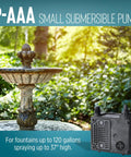 Compact 120 GPH Submersible Water Pump With Six Foot Cord For Fountains And Hydroponic Systems Plug And Play Setup Built Tough Glass Filled Nylon Housing Smooth Oil Filled Motor Works Like A Charm in garden fountain.