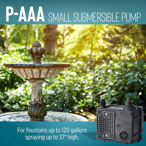 Compact 120 GPH Submersible Water Pump With Six Foot Cord For Fountains And Hydroponic Systems Plug And Play Setup Built Tough Glass Filled Nylon Housing Smooth Oil Filled Motor Works Like A Charm in garden fountain.