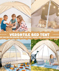 Collage showing a 2 In 1 Bed Tent With Mosquito Net And Privacy in indoor and outdoor settings, showcasing versatility and use.