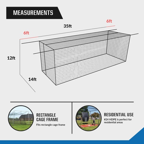 Diagram of Batting Cage Net For Baseball And Softball Practice, HDPE Pitching Netting, 12 by 14 by 35 ft dimensions.