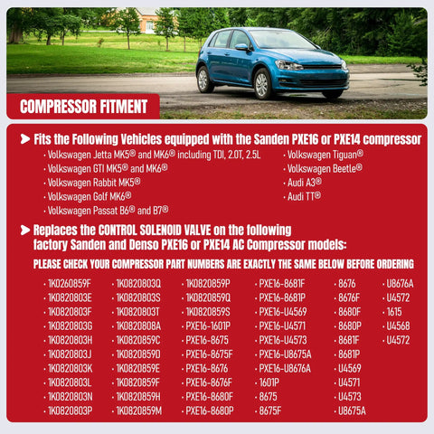 Compressor fitment chart for Control Solenoid Valve For Sanden PXE16 PXE14 1K0820803E AC Compressor Replacement with car image.