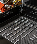 20 Piece Drive Extension Set With 1/4, 3/8, And 1/2 Inch Drives in tool box, universal joint and adapters visible, chrome finish.