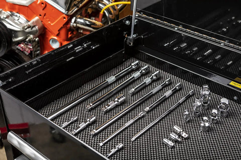 20 Piece Drive Extension Set With 1/4, 3/8, And 1/2 Inch Drives in tool box, universal joint and adapters visible, chrome finish.