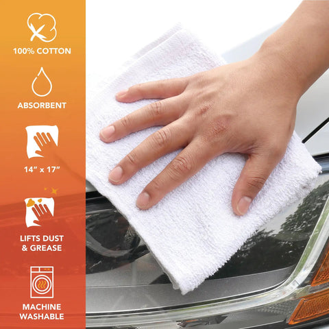 Hand cleaning car headlight with Mega Absorbent Terry Cloth Rags Pack Of 60 14 By 17 Inches 100 Percent Cotton Cleaning Towels