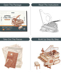 3D Wooden Piano Puzzle Kit For Adults, 223 Pieces, One To Twenty Scale, Gear Filled Wooden Music Box With Book Style Base, Dope Gift For Men And Women, Ideal Birthday Christmas Hobby Project, box and assembled piano parts