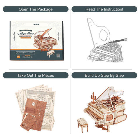 3D Wooden Piano Puzzle Kit For Adults, 223 Pieces, One To Twenty Scale, Gear Filled Wooden Music Box With Book Style Base, Dope Gift For Men And Women, Ideal Birthday Christmas Hobby Project, box and assembled piano parts