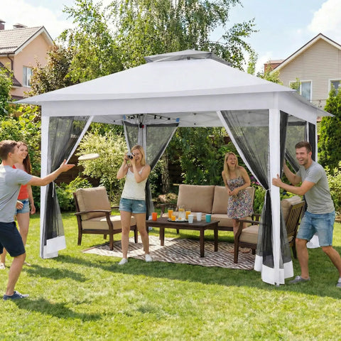 12x12 Pop Up Gazebo On Clearance, Easy Up Metal Frame Outdoor Shelter With Waterproof Canopy, Mosquito Netting, Ropes, in backyard