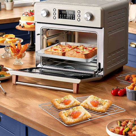 Stainless Steel Quarter Sheet Pan With Rack 9x13 Inch in toaster oven baking pizza, with cooling rack holding pastries, kitchen setting