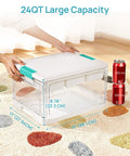 24 Qt Plastic Storage Box With Building Baseplate Lid And Removable Tray All In One Craft Organizer for art supplies shown on rug with soda cans for size reference.