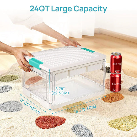 24 Qt Plastic Storage Box With Building Baseplate Lid And Removable Tray All In One Craft Organizer for art supplies shown on rug with soda cans for size reference.