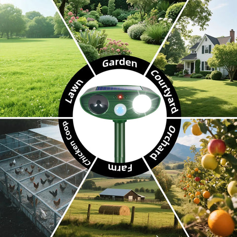 Two Pack Solar Ultrasonic Deer Deterrent With Motion Sensor And Bright LED Strobe For Outdoor Garden Yard Keeps Pests At Bay From Rabbits Raccoons Squirrels Skunks Foxes And Cats Waterproof Weatherproof in garden and yard use
