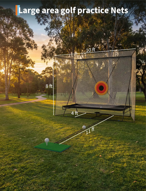 All Around Golf Net For Hitting Practice 10x8FT Indoor Outdoor Training Net with impact targets on a sunny green field