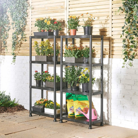 52 Inch Four Shelf Shelving Unit Black Beefy Heavy Duty Metal Rack Refurbished And Tested Like New For Garage Or Workshop Storage With Easy Assembly And All Accessories Included