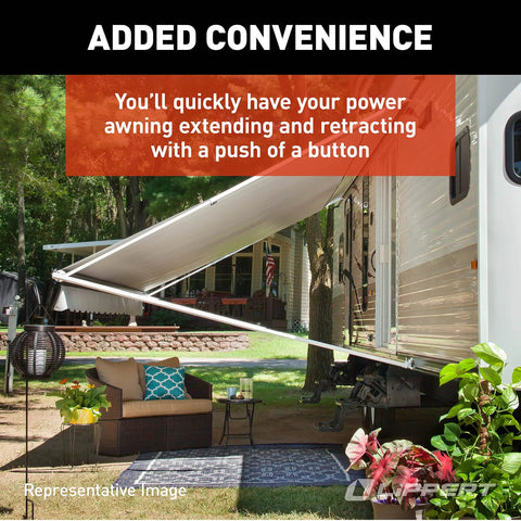 Image of RV with extended awning showing 40 Amp Power RV Awning Interior Switch Kit And Plate No Fuss Push Button Extend And Retract