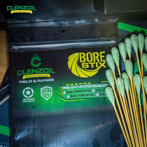 Package of One Step Bore Stix Pre Saturated Gun Cleaning Swabs For Pistols Caliber Specific displayed with swabs